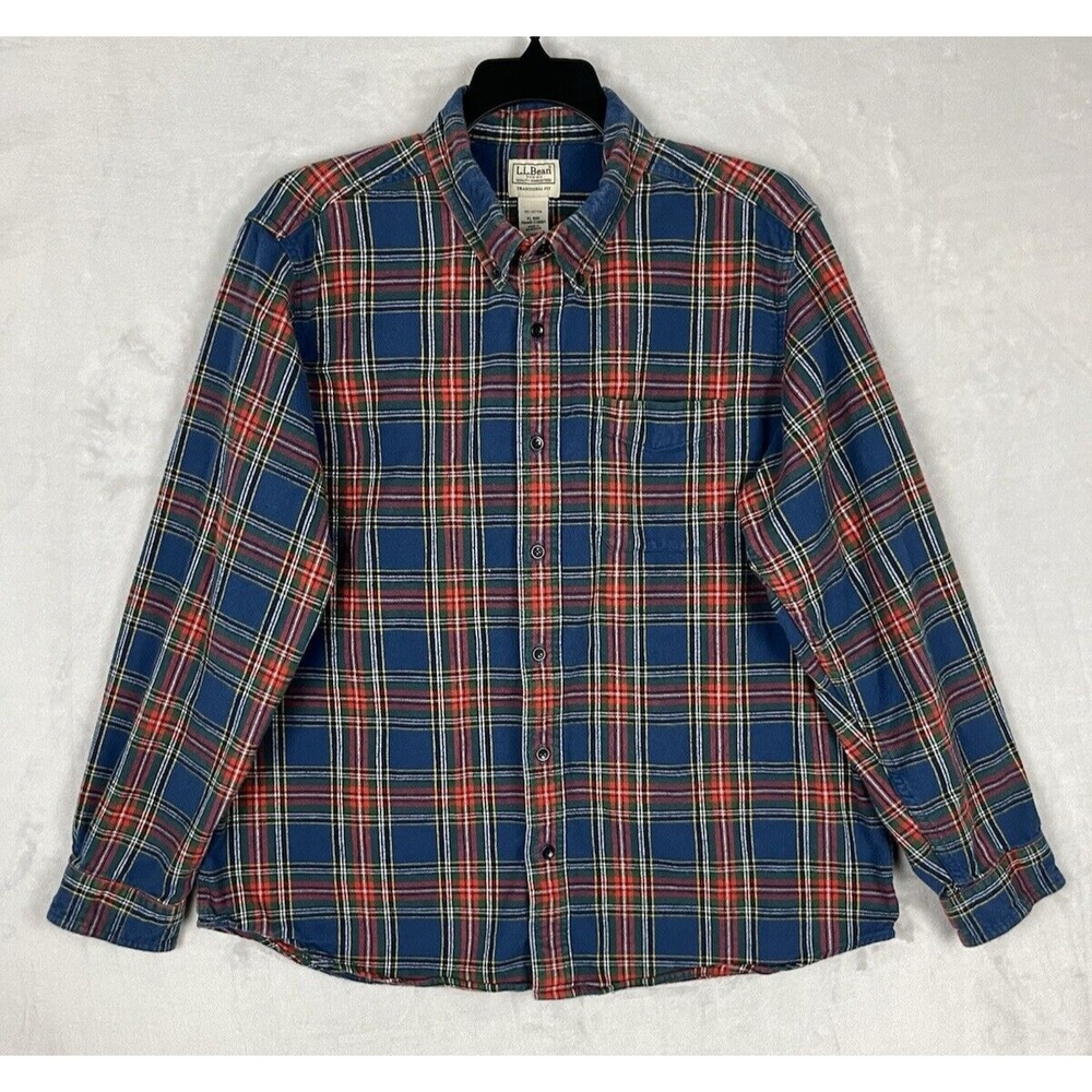 LL Bean Flannel Shirt Men XL Blue Plain Traditional Fit Pocket Button Up Cotton